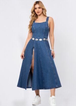 Vestido largo en denim con tiras en la espalda 53251