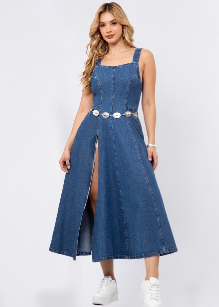 Vestido largo en denim con tiras en la espalda 53251