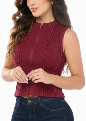 Sueter sin mangas en tela rib con zipper